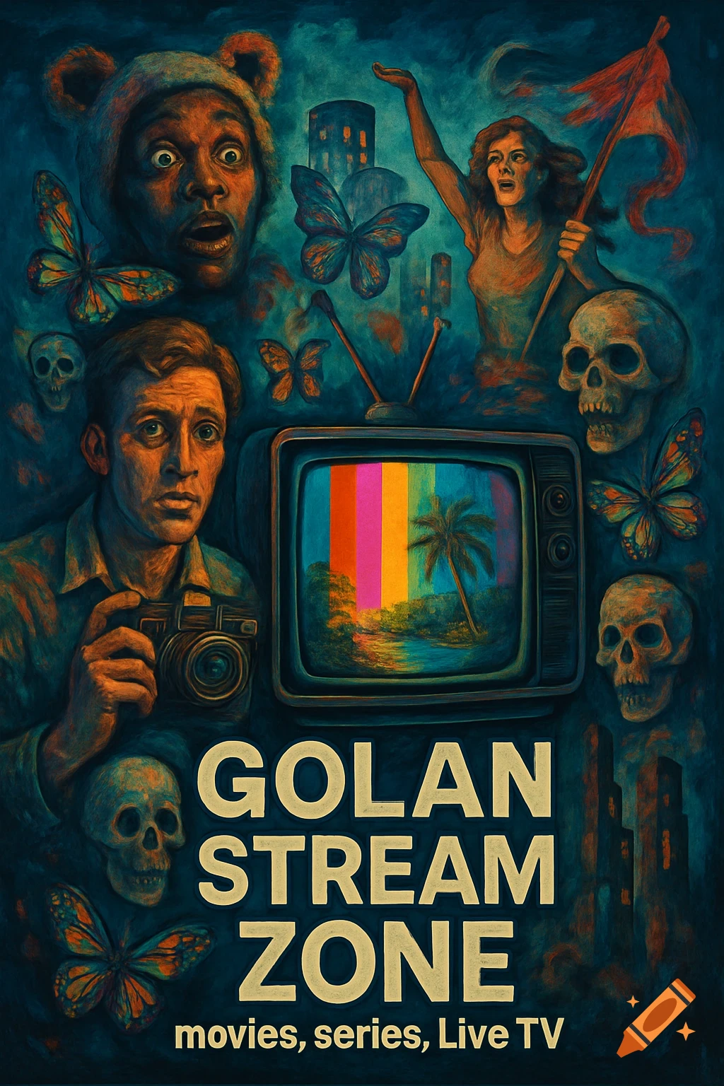Surreal painting of a retro TV surrounded by worried faces, skulls, butterflies, and a cityscape, with 'GOLAN STREAM ZONE' text.