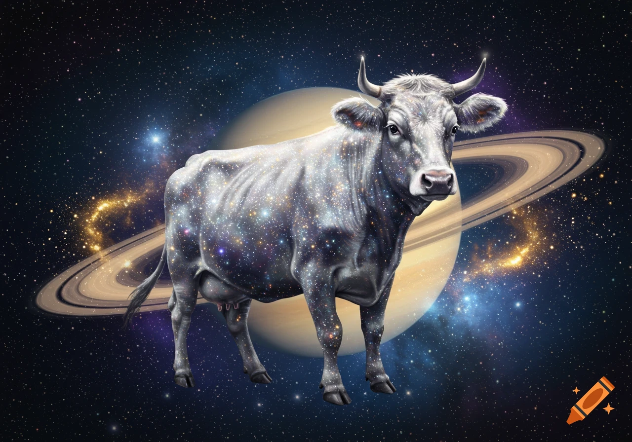 A cosmic cow, covered in stars, stands in front of Saturn and its rings in a vibrant starry nebula.