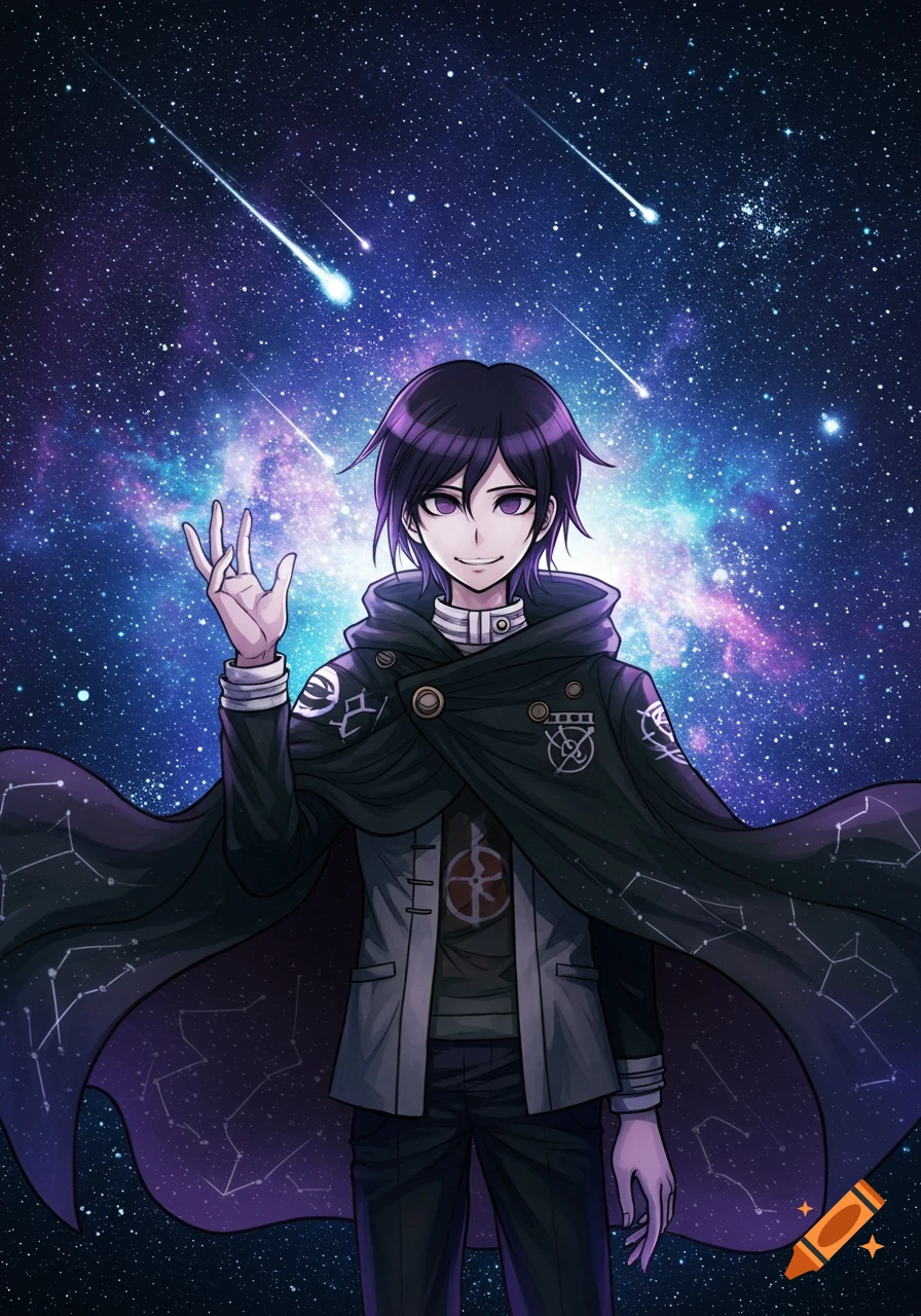 Anime boy with purple hair in a dark cape with constellation patterns, smiling and raising a hand, against a galaxy and shooting stars background.