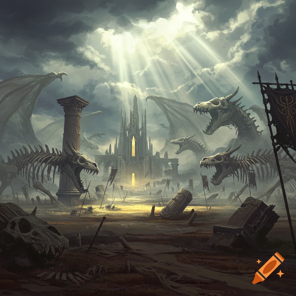 A gloomy, dramatic fantasy battlefield with dragon skeletons, crumbling architecture, and a dark castle under sunlit stormy clouds.
