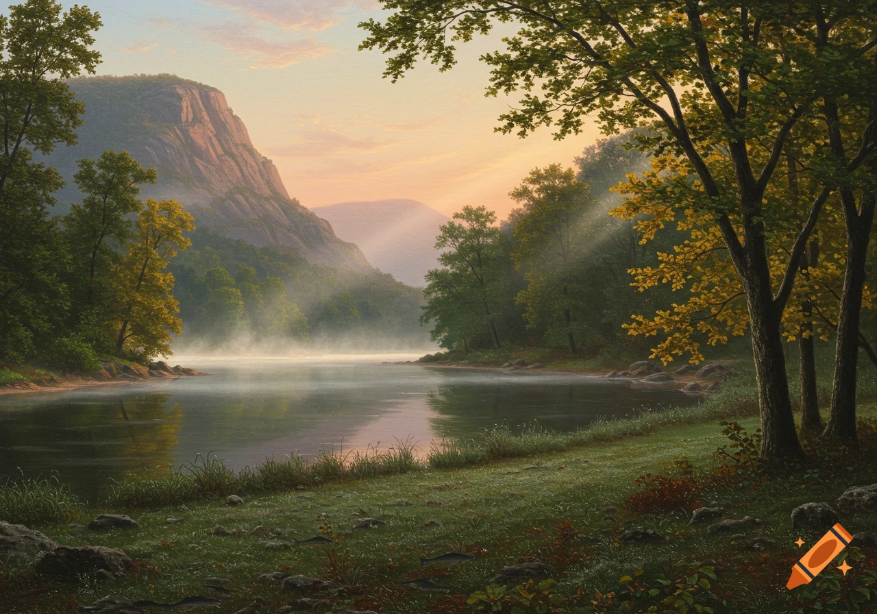 A serene painting of a misty river with forested banks, towering mountains, and soft sunlight.