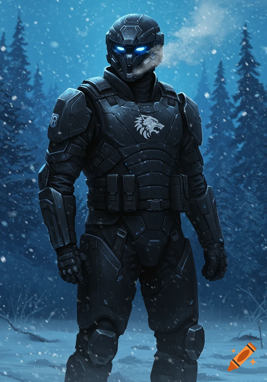 A futuristic Russian super soldier in a black armored suit with glowing blue eyes and a wolf emblem on the chest stands in a snowy forest.