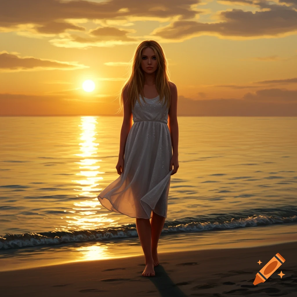 A photorealistic image of a young woman with long blonde hair walking barefoot on a sandy beach at a golden sunset.