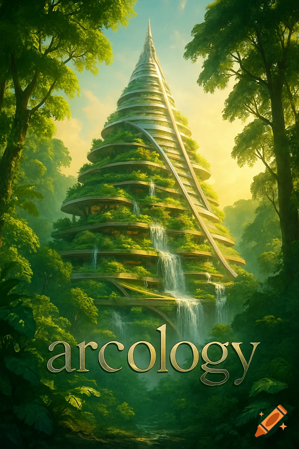A towering, conical arcology building covered in lush greenery and cascading waterfalls, surrounded by a vibrant jungle.