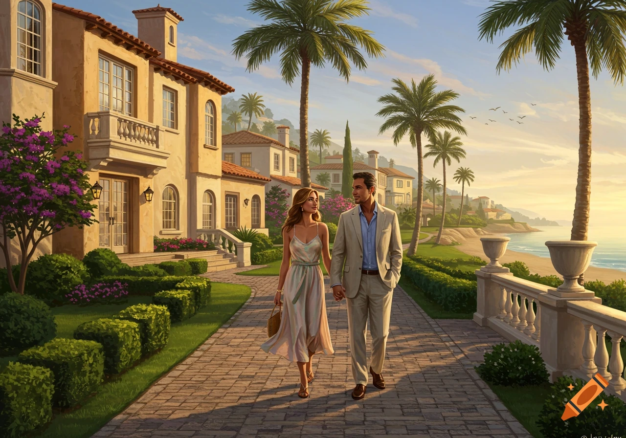 A couple holding hands walks on a paved path in front of luxurious Mediterranean-style houses with palm trees and an ocean view at sunset.