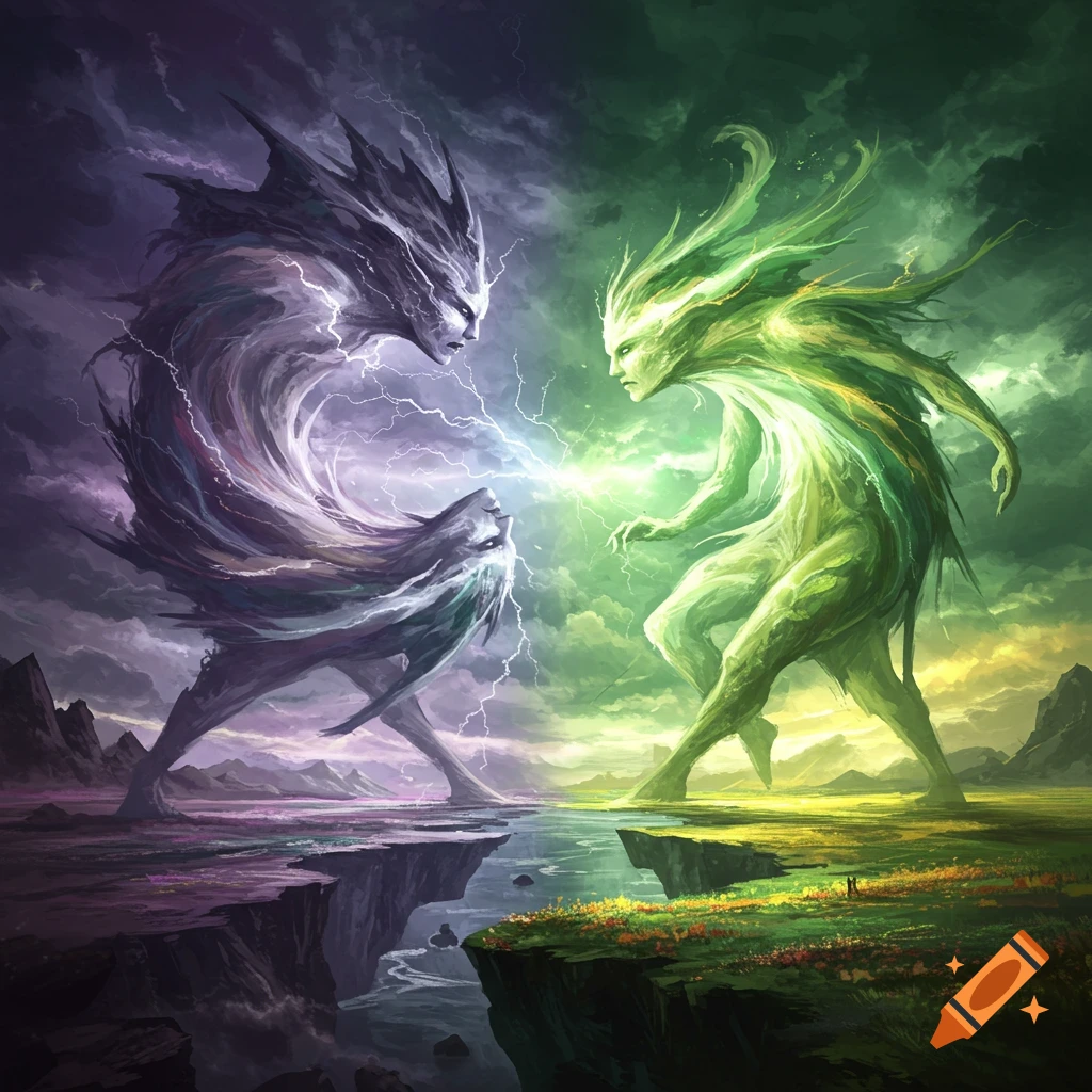 Two fantastical elemental beings, one purple and one green, clash with a bolt of energy in a dramatic, stormy landscape illustration.