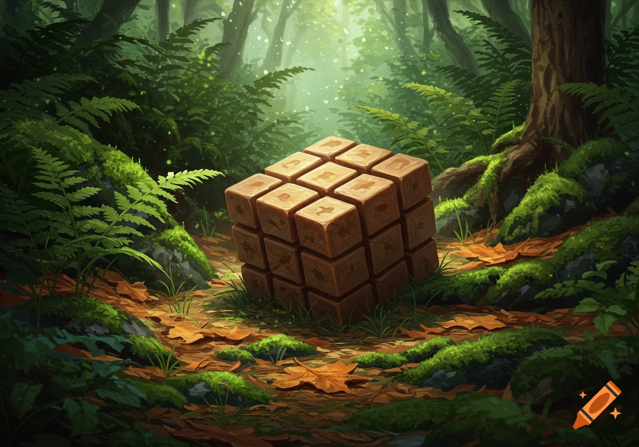 A stylized wooden cube resembling a pine cone sits on a mossy forest floor amidst ferns and leaves, bathed in soft light, digital painting.
