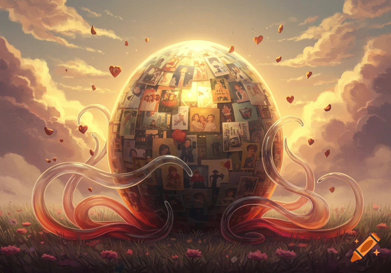 A large, glowing, egg-shaped object covered with a collage of small photos, surrounded by translucent tendrils and floating red hearts, sits in a field of flowers under a sunset sky.