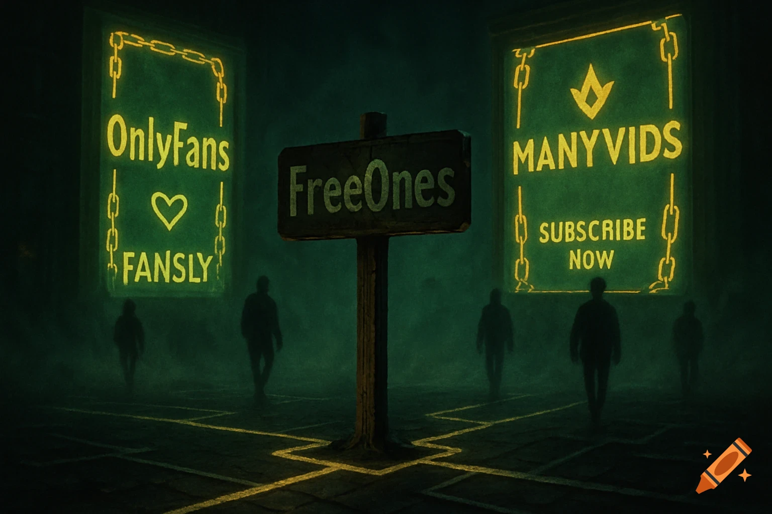 A dark, foggy crossroads with glowing neon signs for OnlyFans, Fansly, Manyvids, and FreeOnes, with shadowy figures on glowing pathways.