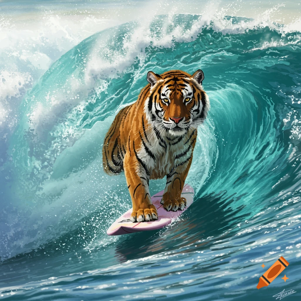 A realistic digital painting of a tiger expertly surfing a large, curling blue-green wave.