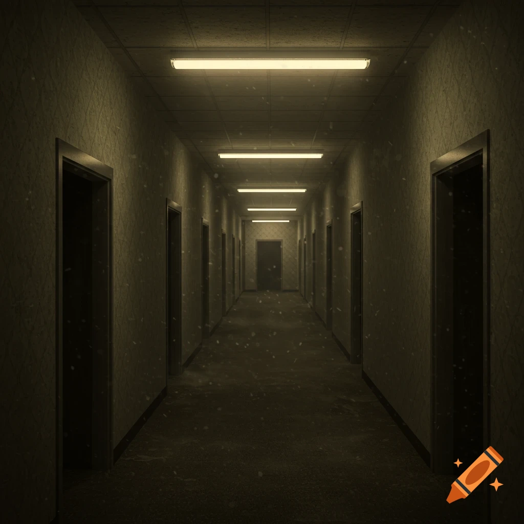 A long, dark, eerie hallway with fluorescent lights, many doors, and a dusty atmosphere, leading into the distance.