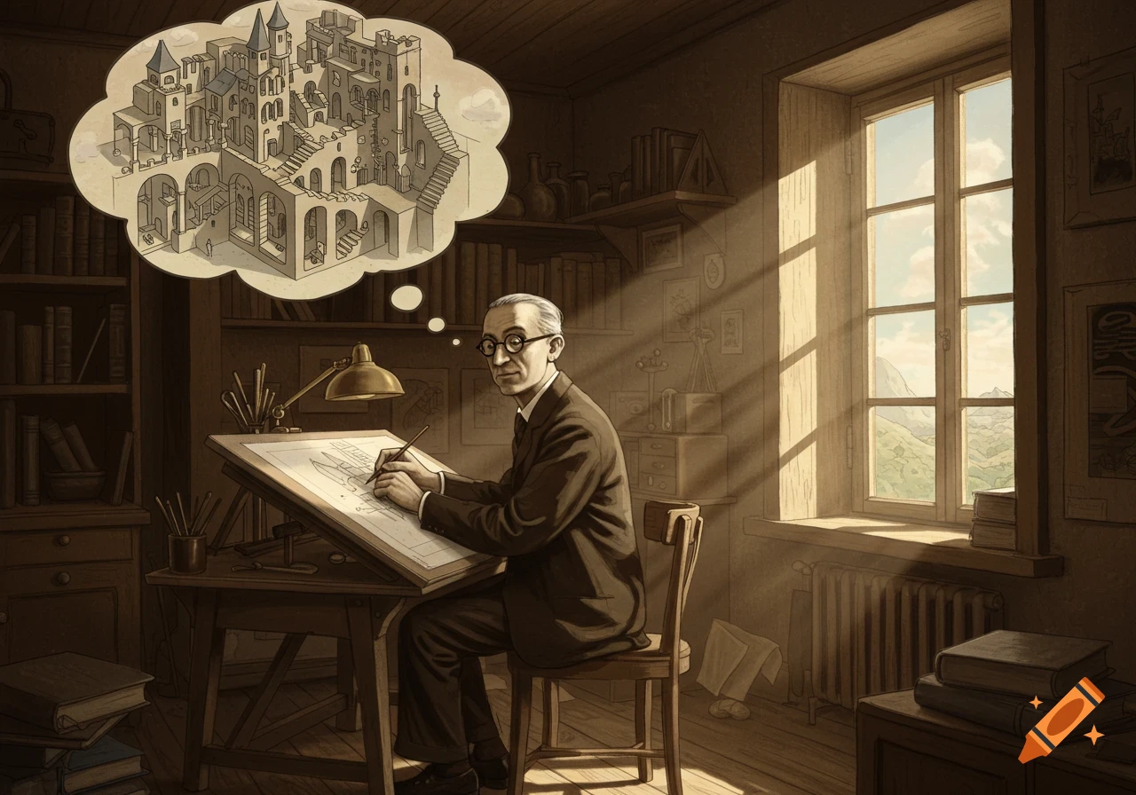 An old man at a drafting table in a sunlit studio dreams of a complex, impossible castle design in an Escher-like style.