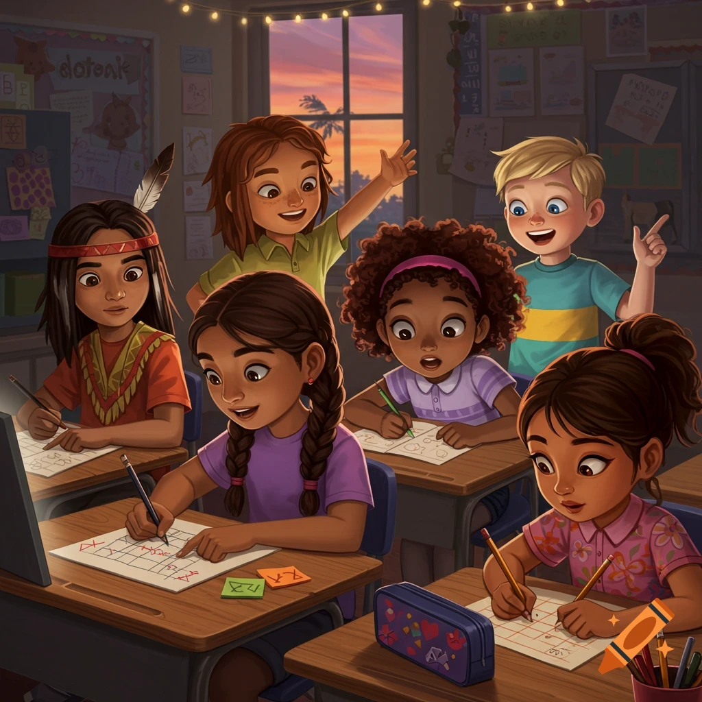 An illustration of six diverse children in a classroom, some writing at desks, others interacting. Lights string across the ceiling, and a sunset glows outside a window.