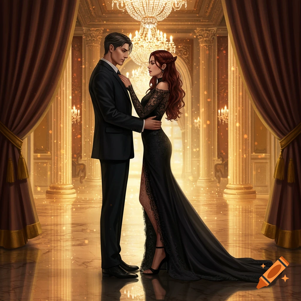 A man in a black suit embraces a woman in a long black dress with a slit in an opulent ballroom with chandeliers and golden pillars, digital art.