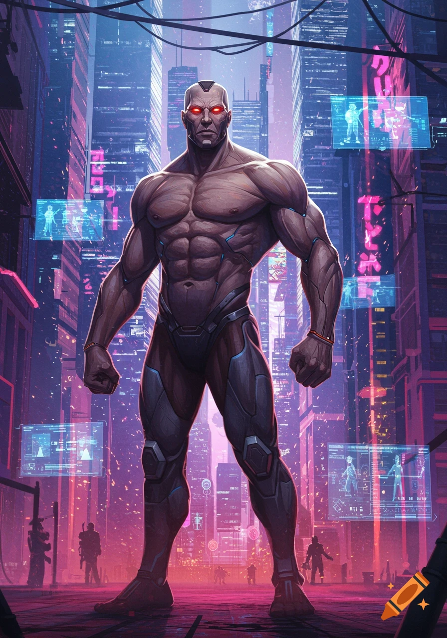 A muscular, bald man with glowing red eyes stands in a neon-lit cyberpunk city with holographic screens.