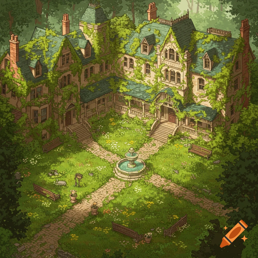 Birds-eye pixel art of an overgrown American Victorian estate with a central courtyard and fountain, surrounded by lush foliage.