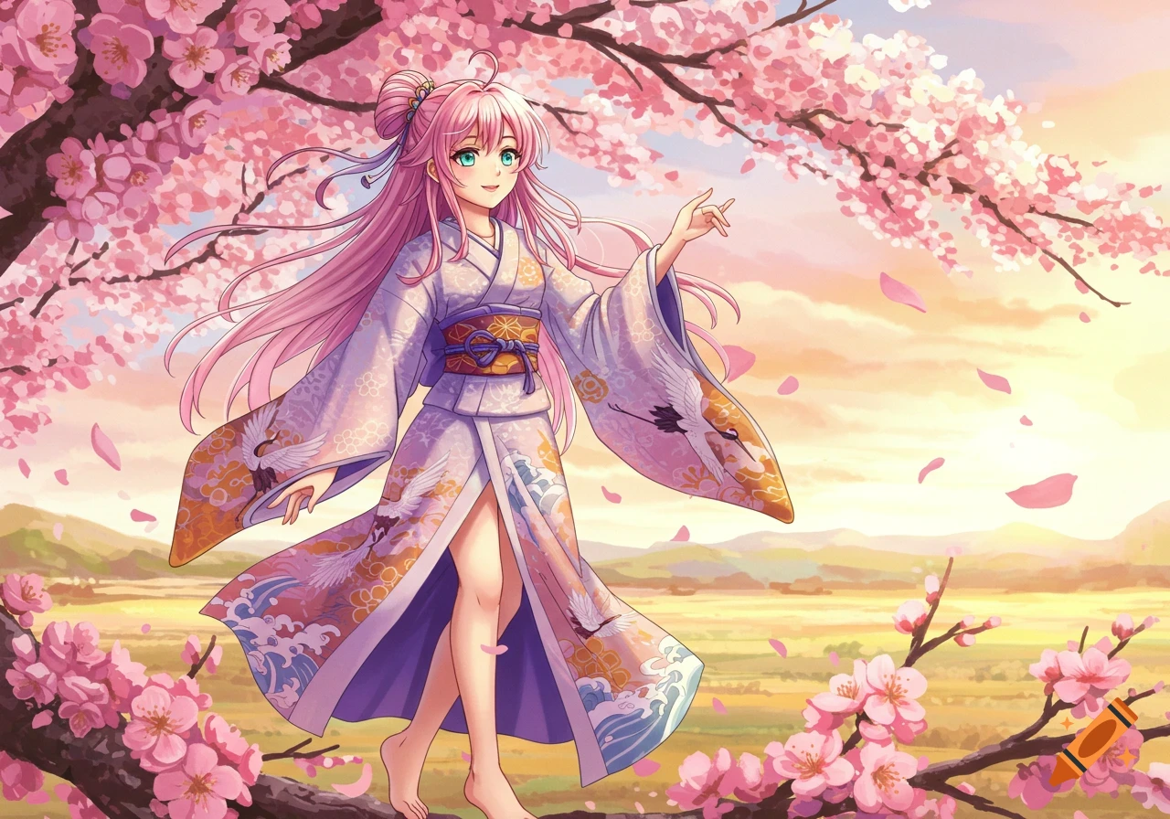An anime girl with long pink hair, wearing a purple kimono with crane patterns, stands under vibrant pink cherry blossoms in a scenic landscape.