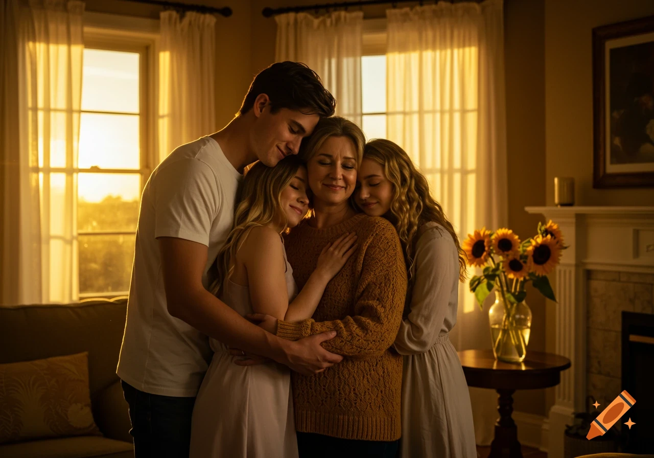 A photorealistic portrait of a mother embracing her son and two daughters in a warm, sunlit living room.