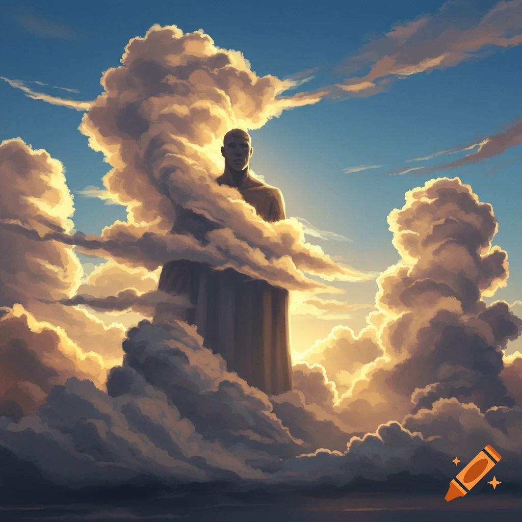 A colossal figure emerges from dramatic, golden-lit clouds in a blue sky, appearing to wear them like a cloak.