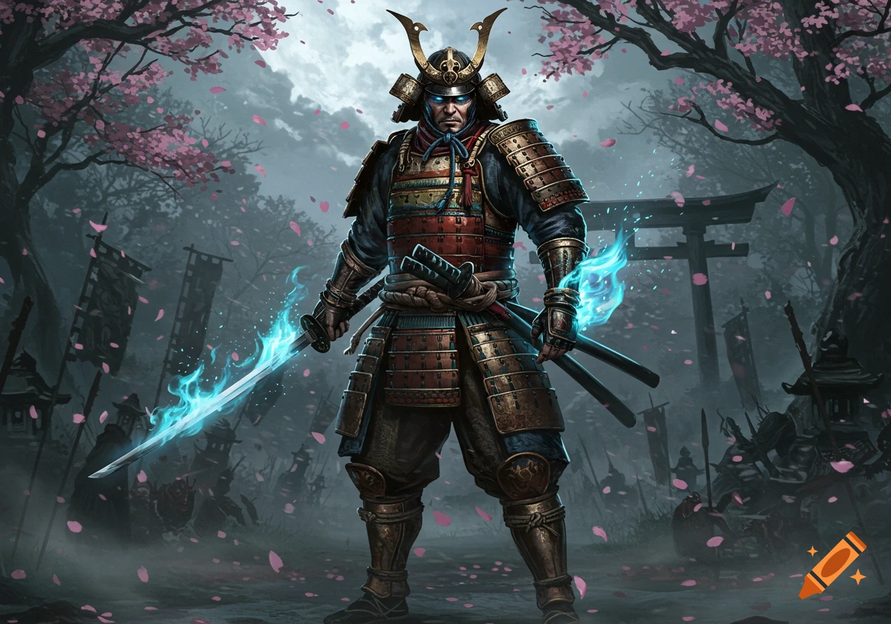 A powerful samurai warrior in detailed armor stands with two glowing blue swords in a misty forest with cherry blossoms and a torii gate.