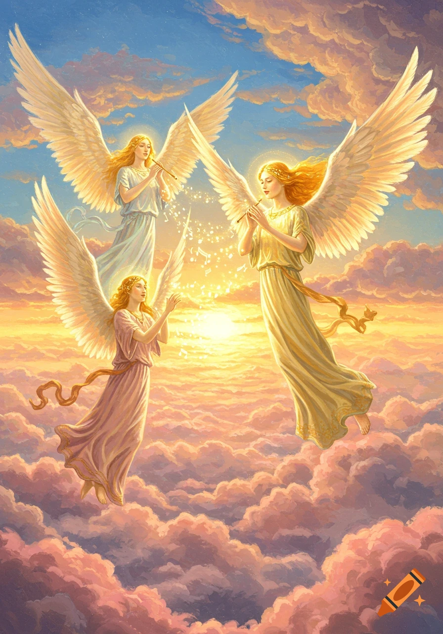 Three winged angels in flowing robes play flutes, creating musical notes in a radiant sunset sky filled with pink clouds.