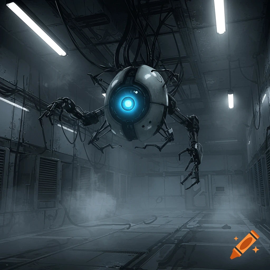A large, white, egg-shaped robot with a glowing blue eye and mechanical arms, suspended in a dark, foggy industrial corridor.