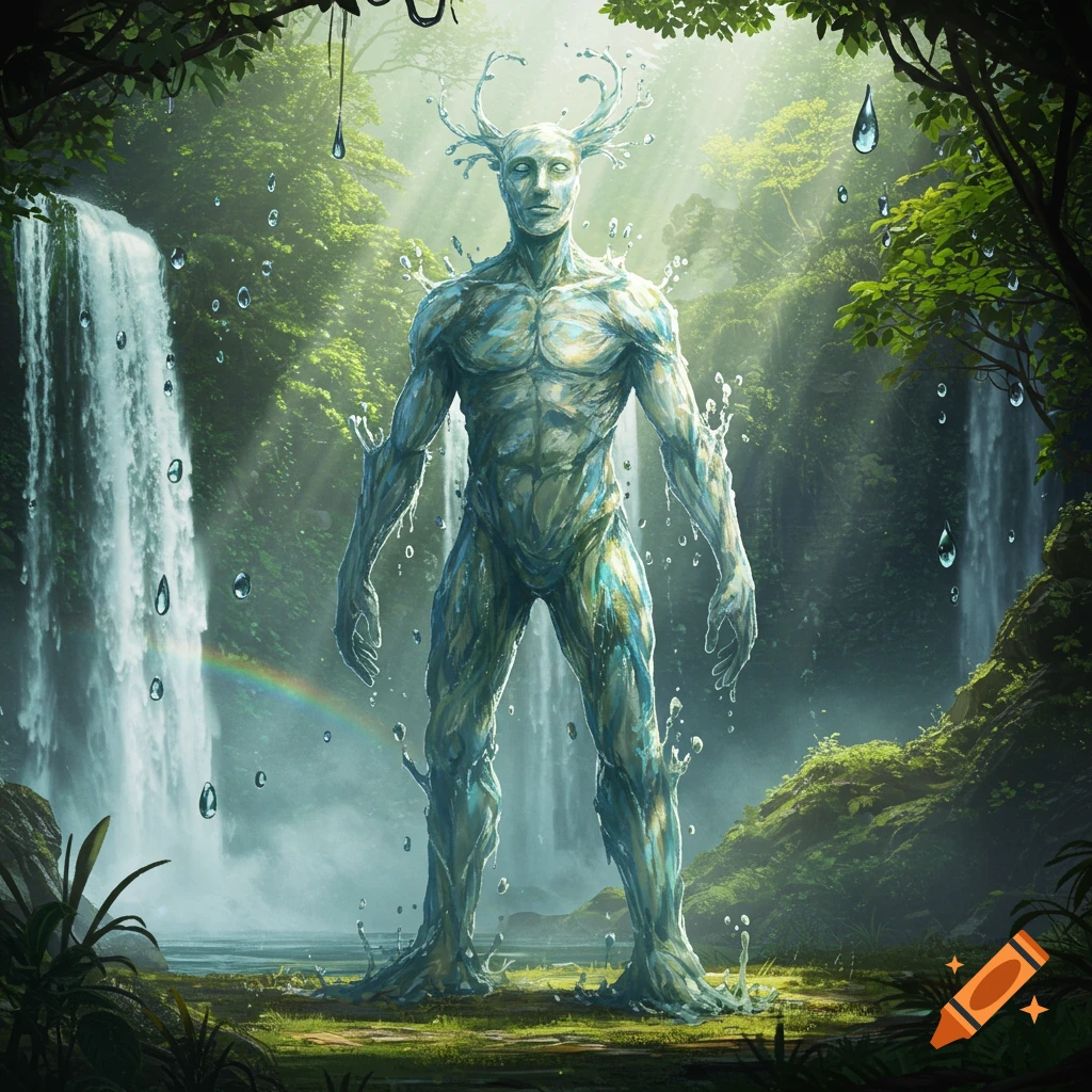 A muscular humanoid water creature with antler-like streams on its head stands in a lush jungle with waterfalls and floating droplets.
