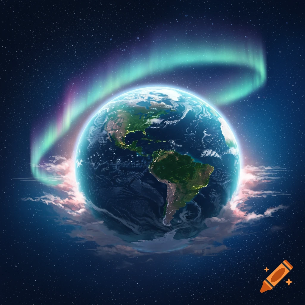 Photorealistic depiction of planet Earth from space with a vivid aurora borealis arching over it, showing continents and city lights.
