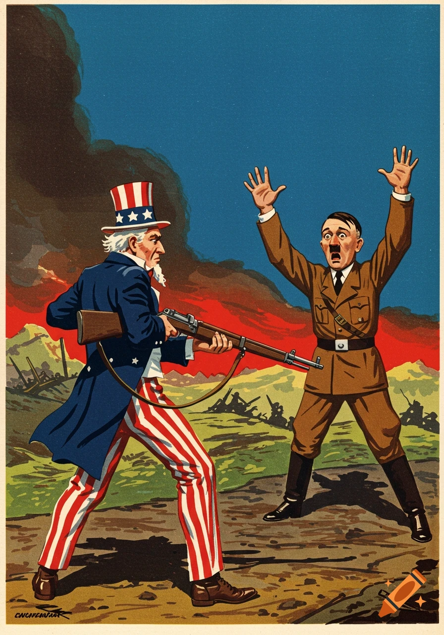 1950s propaganda poster: Uncle Sam aims a rifle at a surrendering Adolf Hitler on a battlefield.