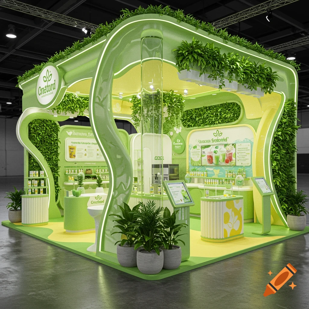An eco-friendly smoothie brand exhibition stand with green and yellow modern shapes, plants, and bright lighting.
