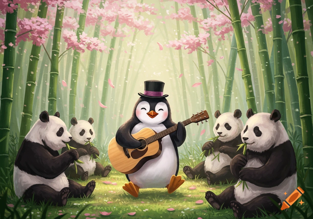 Happy cartoon penguin in a top hat plays guitar for pandas eating bamboo in a cherry blossom forest illustration.