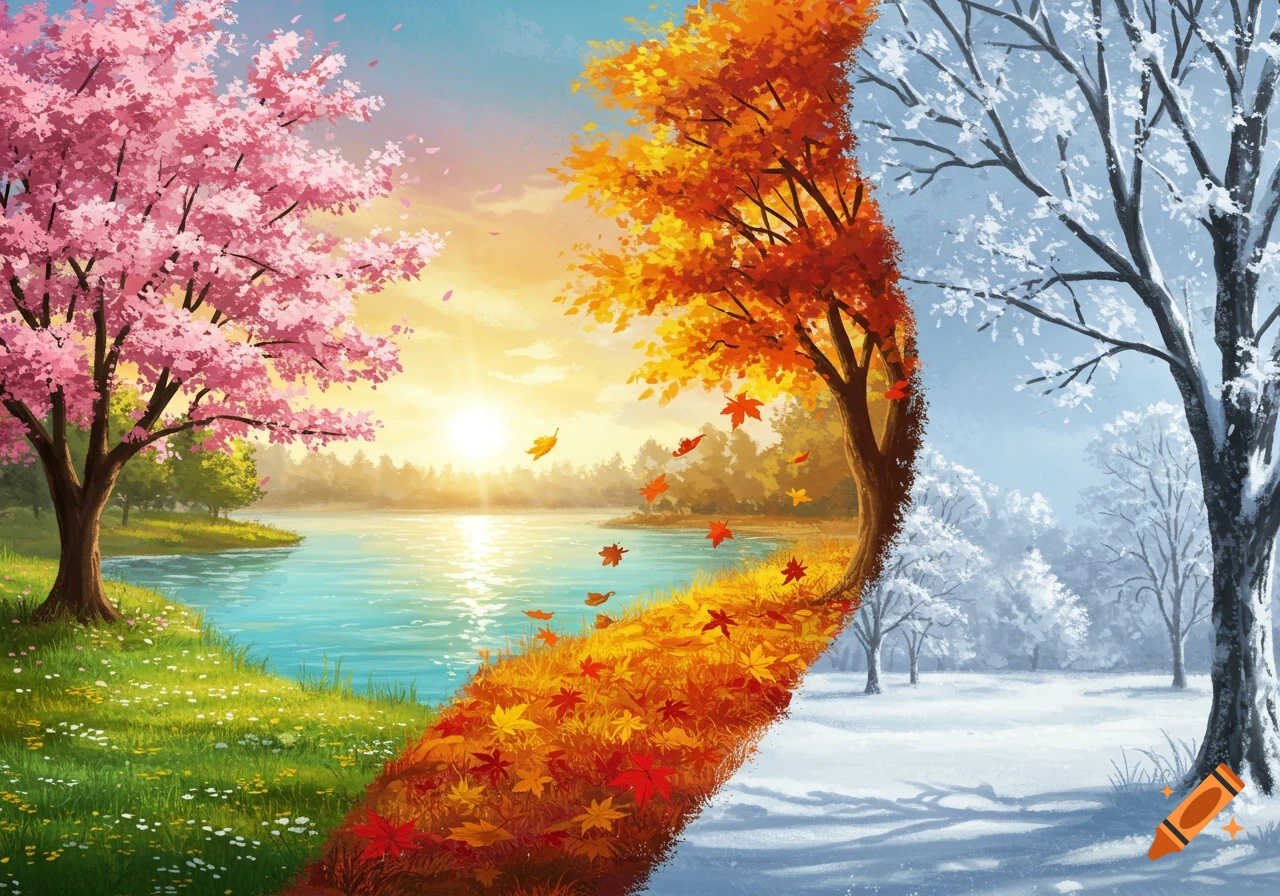 Vibrant illustrated landscape split into four seasons: spring, summer, autumn, and winter, around a serene lake.