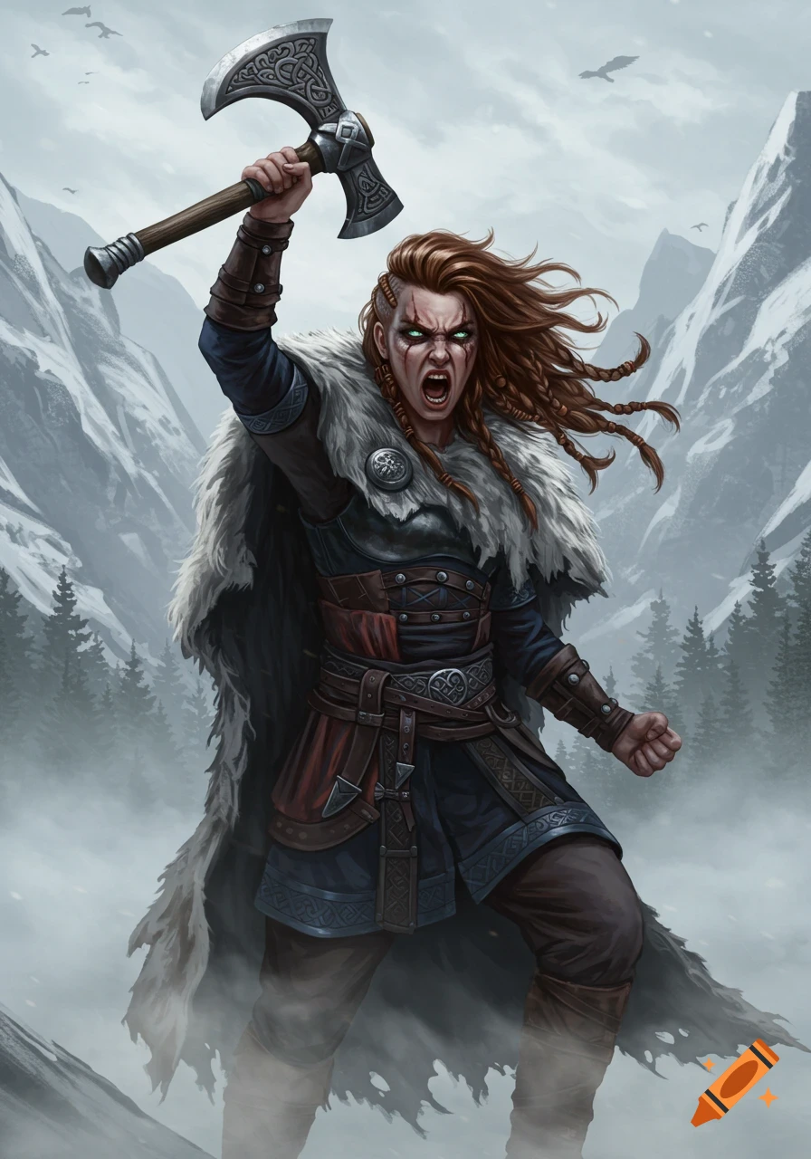 A fierce Viking warrior woman screams, raising an axe against a misty Nordic mountain landscape.