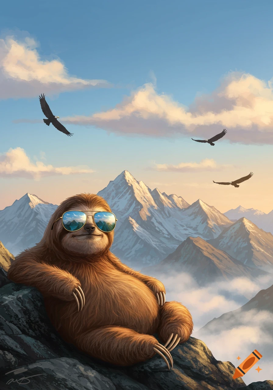 A relaxed sloth with sunglasses sits on a mountain peak, overlooking snowy mountains and eagles in a digital art style.