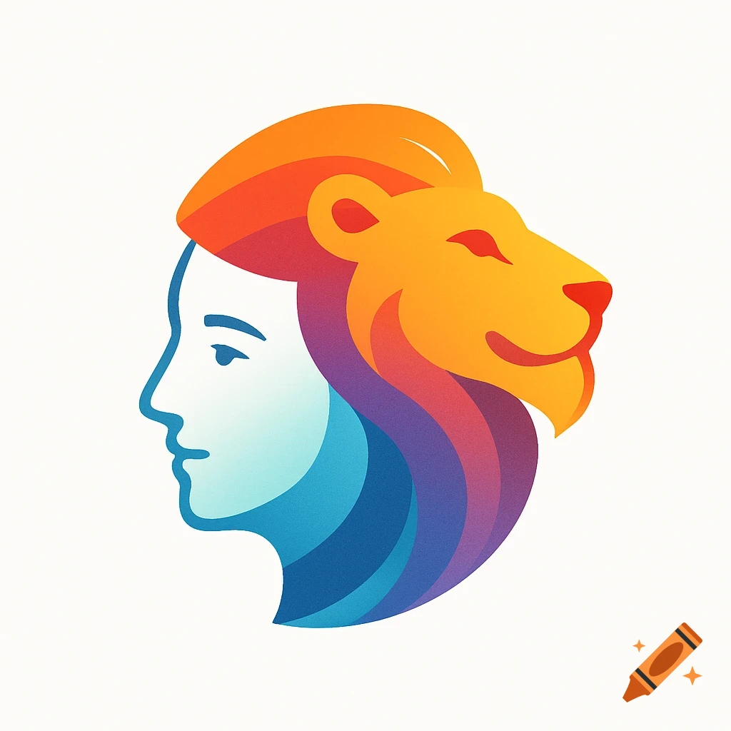 A colorful, flat design logo featuring the stylized profile of a person's head merged with a lion's head, in a gradient of orange, red, purple, and blue.