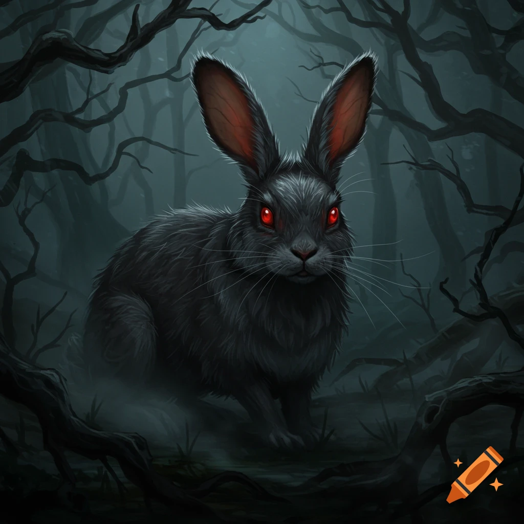 A black rabbit with glowing red eyes stares intently from a dark, misty forest with twisted bare trees, digital art.