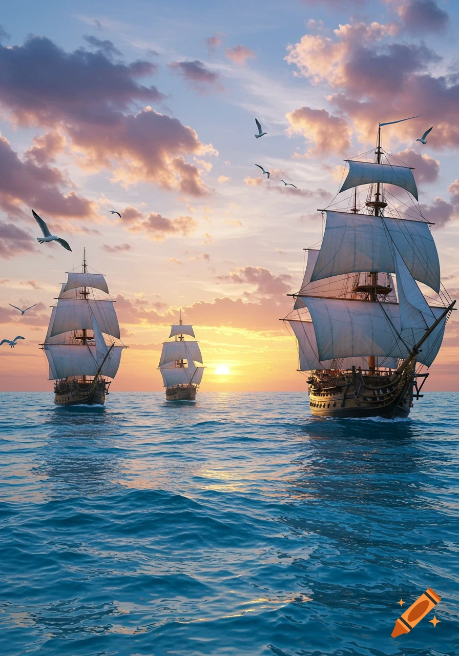 Three large sailing ships on a calm blue sea under a vibrant sunset sky with scattered clouds and seagulls.