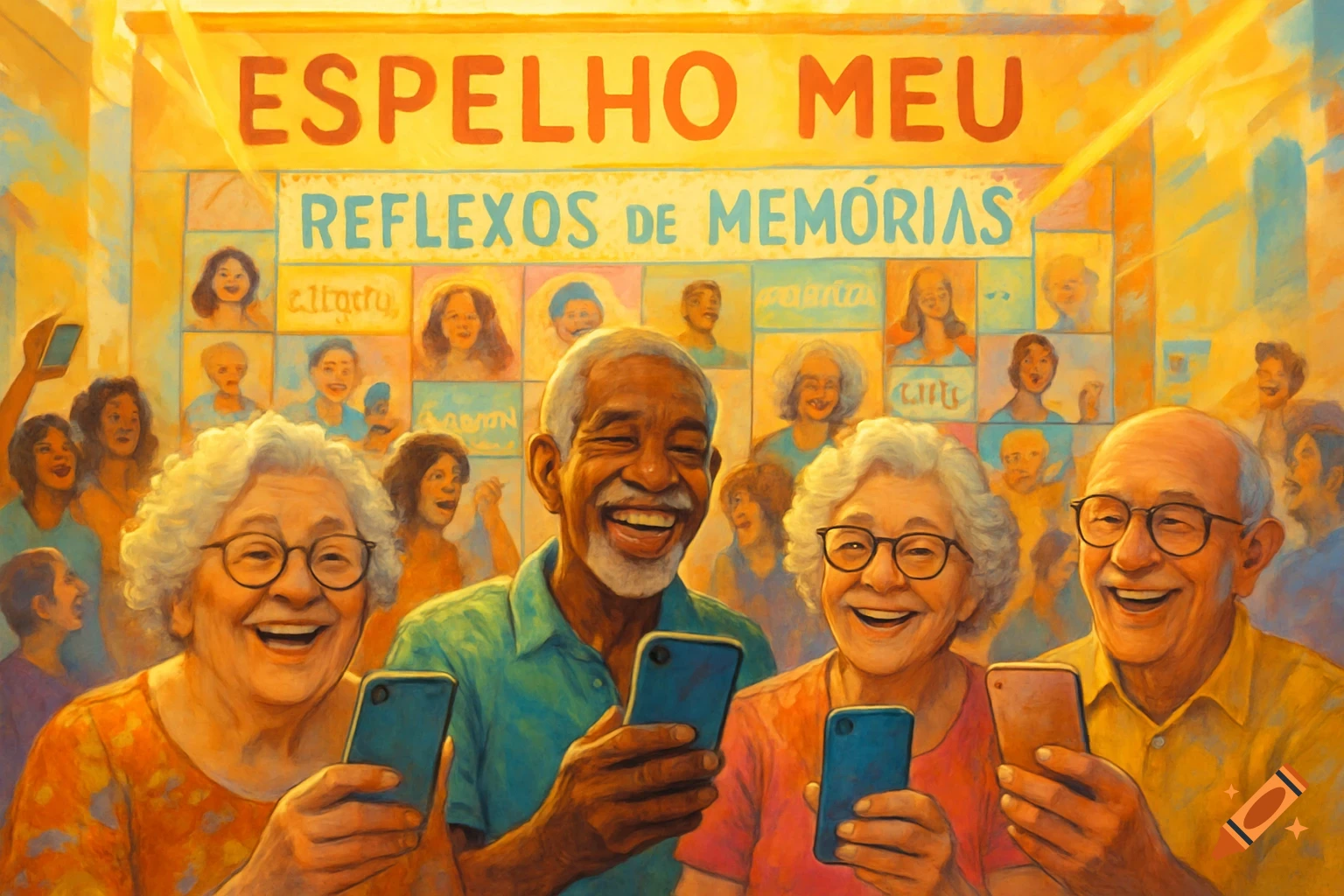Illustration of happy elderly people holding phones, with a sign 'ESPELHO MEU REFLEXOS DE MEM ORIAS' above them.