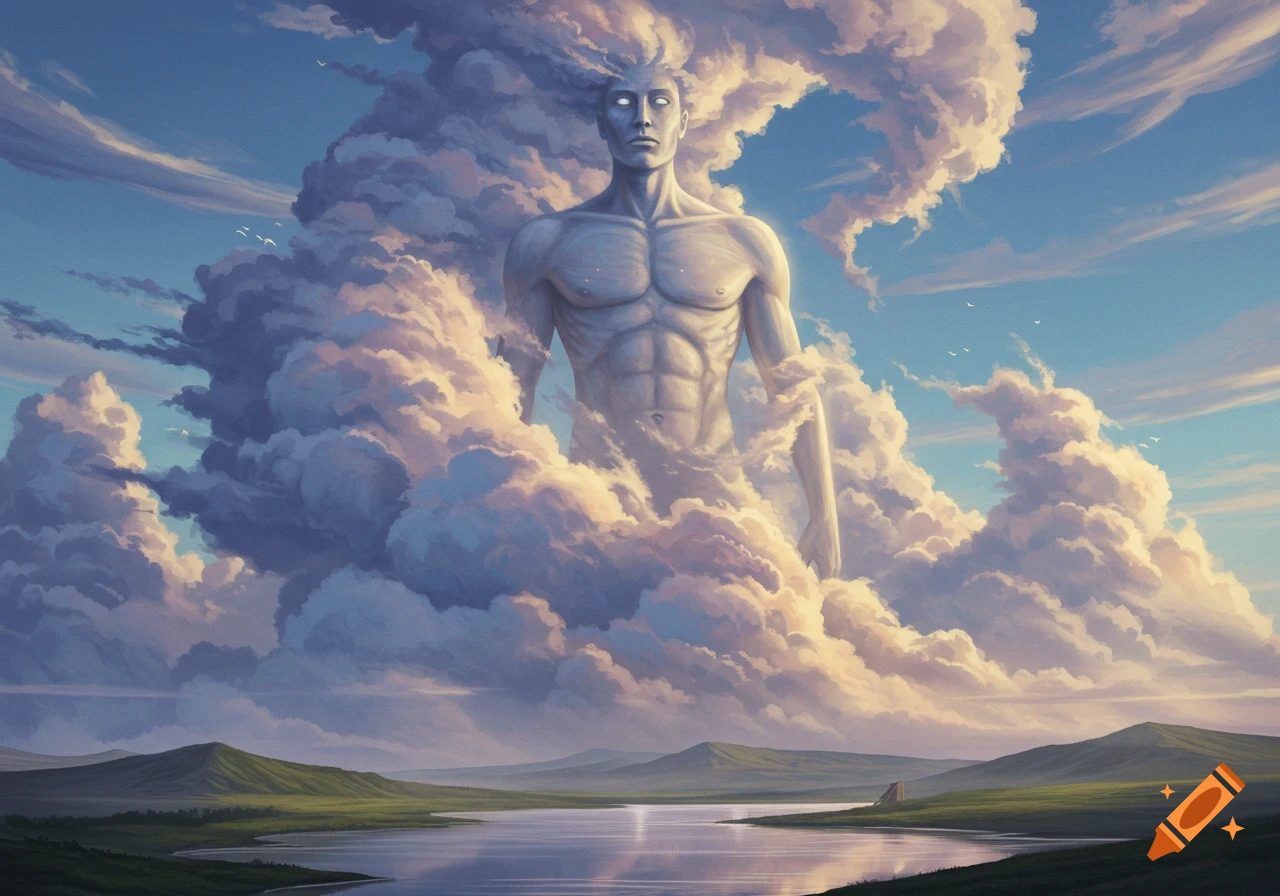 A colossal, muscular, pale-skinned figure with glowing eyes emerges from swirling white and purple clouds above a serene lake and green hills under a bright blue sky.