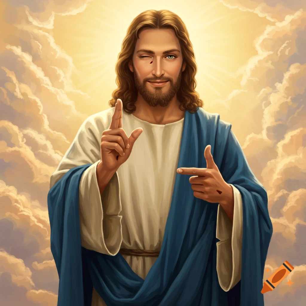 A vibrant illustration of Jesus winking and smirking, making finger guns with both hands against a bright, cloudy sky.