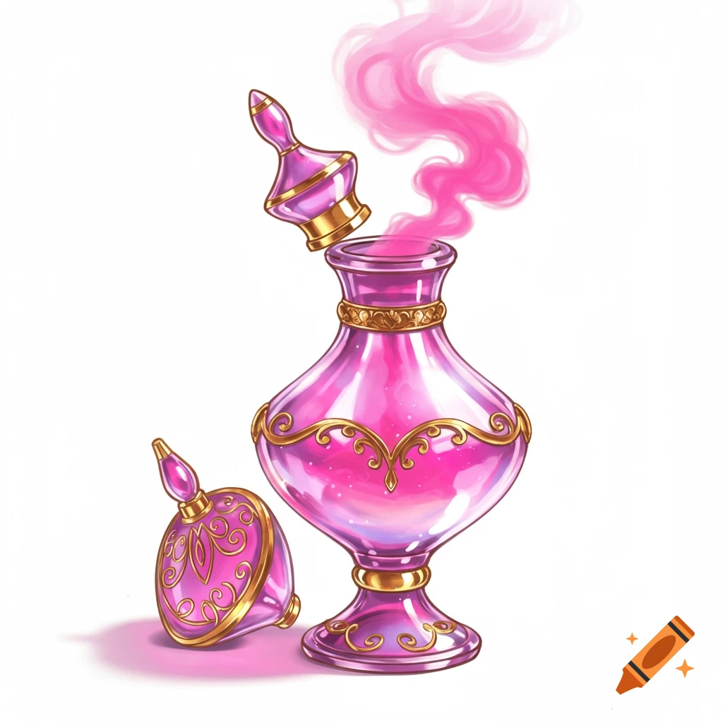 An ornate pink genie bottle with gold accents and a detached stopper, emanating wisps of pink smoke, in an illustration style.