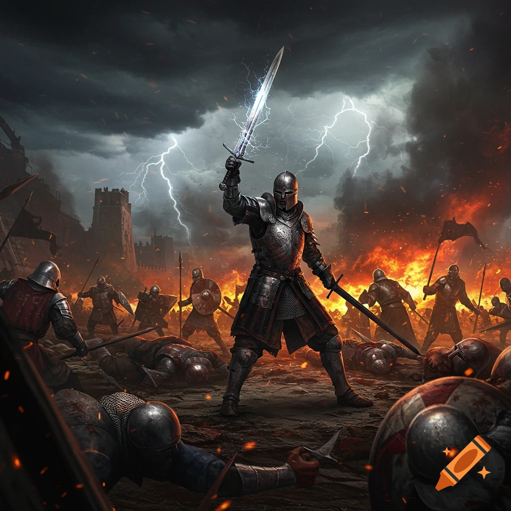 An armored knight with a glowing sword leads soldiers on a fiery, lightning-lit medieval battlefield.