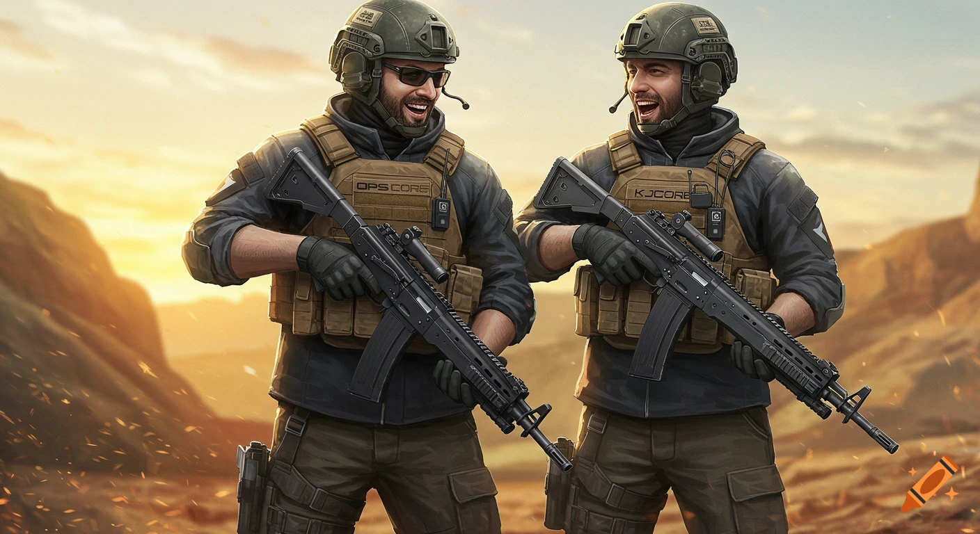 Two smiling soldiers in tactical gear, helmets, and sunglasses, holding assault rifles in a desert landscape at sunset, in an illustrated game thumbnail style.