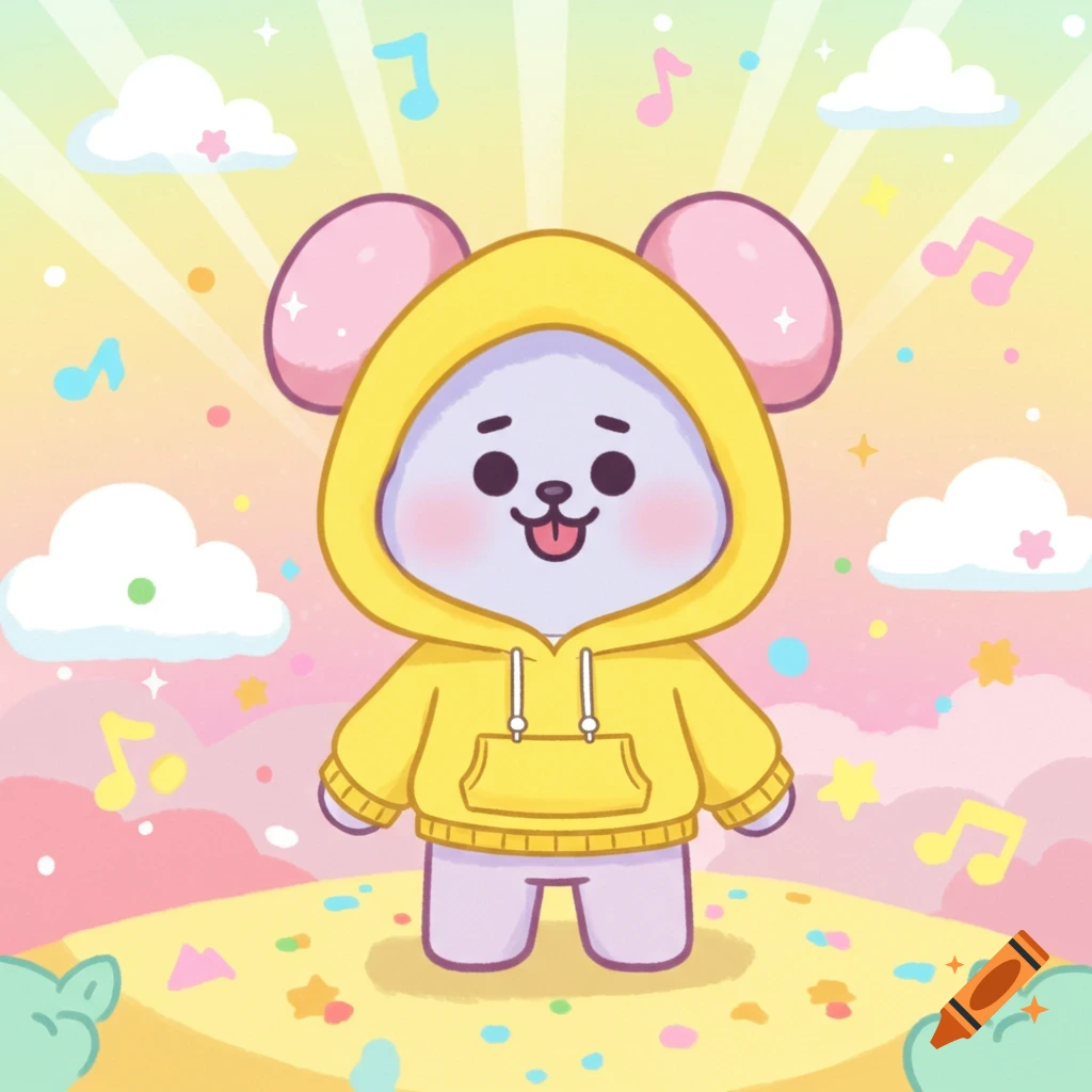 A cute, white cartoon character with pink ears, wearing a yellow hoodie, sticking out its tongue, against a pastel rainbow background with clouds and musical notes.