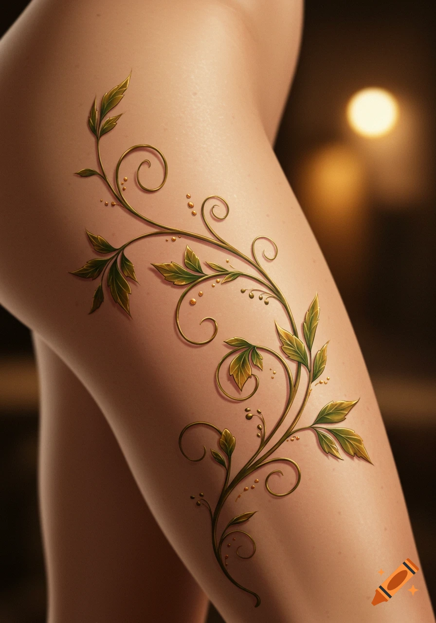 Close-up of a woman's leg with a detailed vine tattoo featuring green leaves and golden swirls.