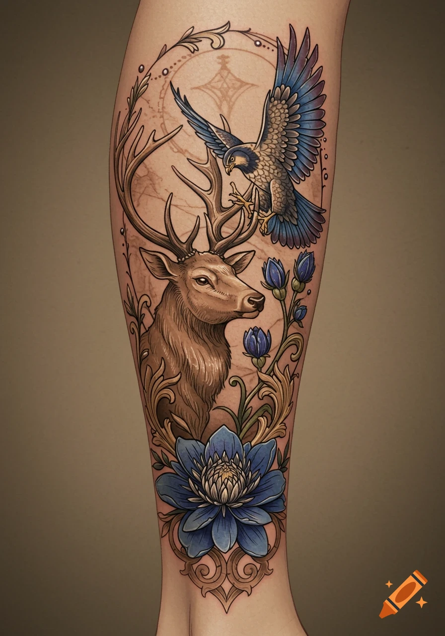 A stylized tattoo on a leg featuring a deer, a hawk, and blue flowers with decorative scrollwork.