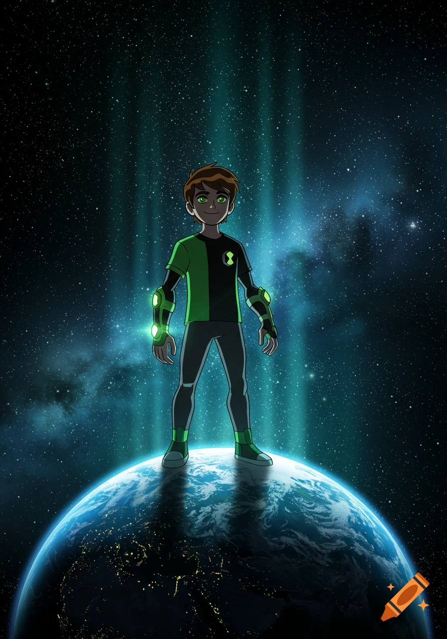 Animated Ben Tennyson stands on Earth in space with green light emanating behind him.