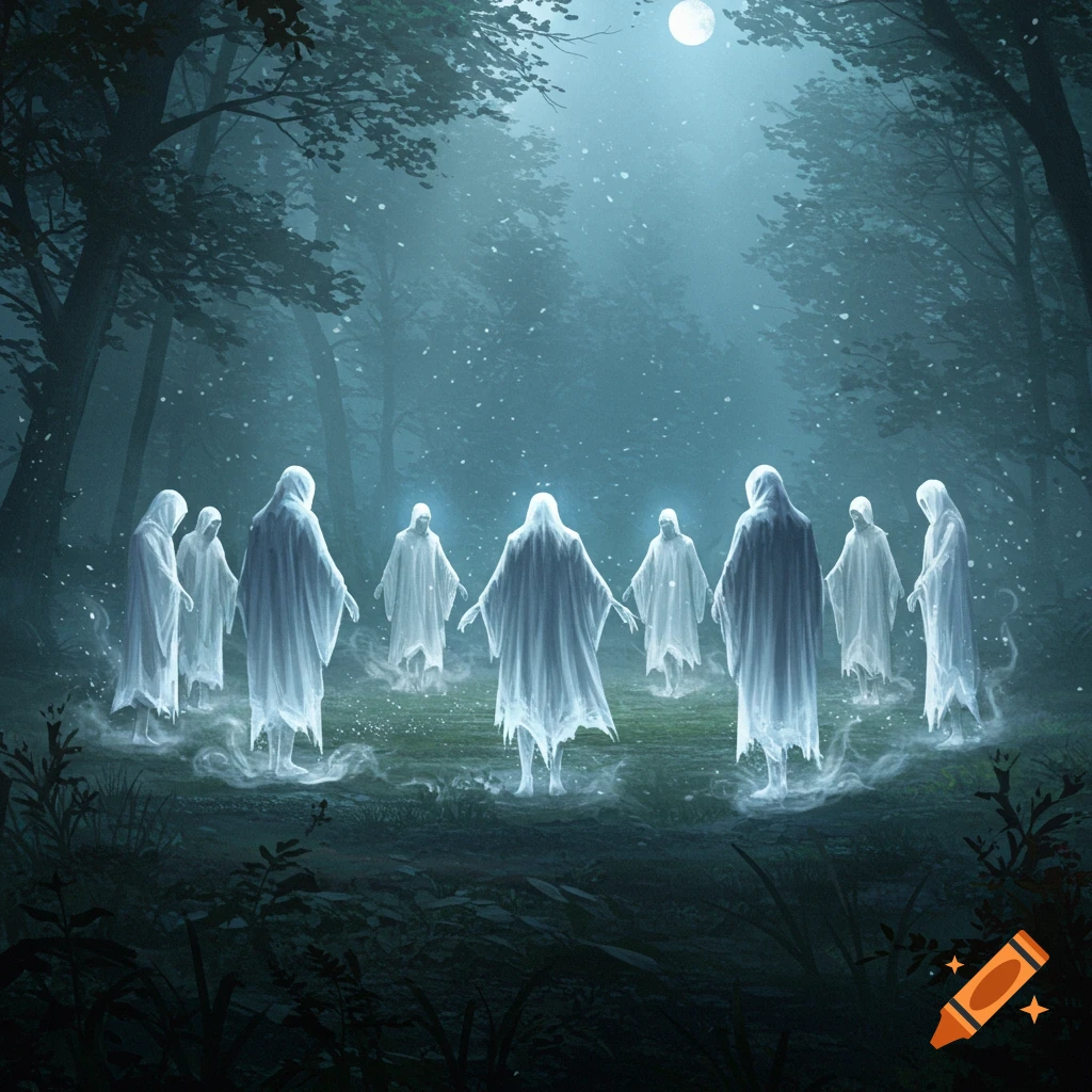 Ethereal white ghosts form a glowing circle in a dark, mystical forest under a full moon.
