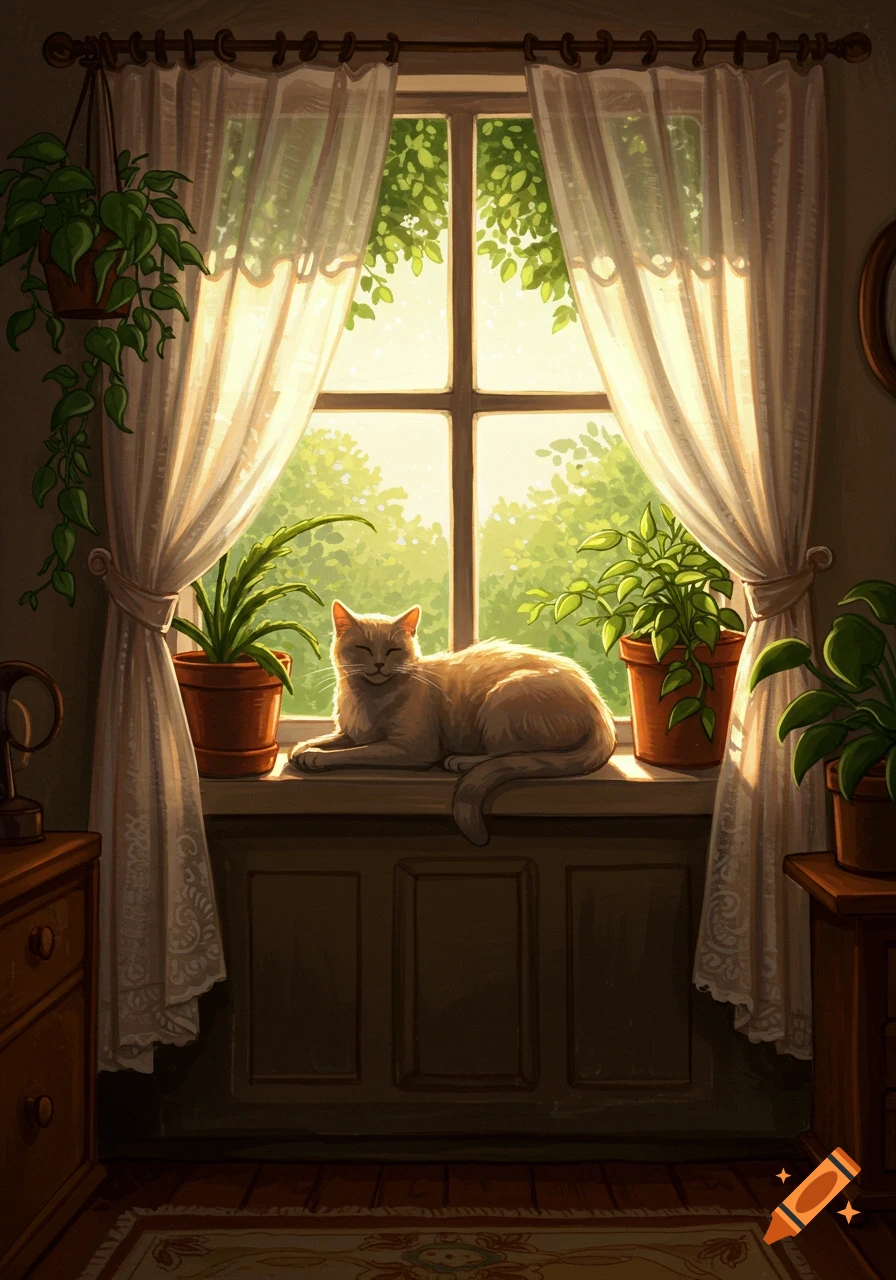 A tan cat sleeps peacefully on a sun-drenched windowsill, flanked by potted plants and sheer white curtains in an illustrative style.