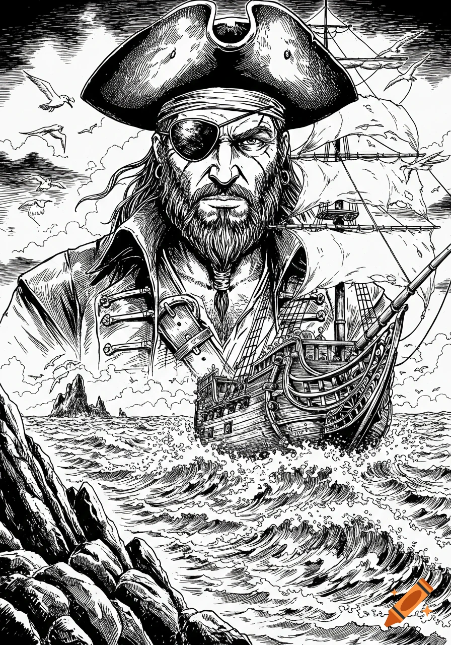 Black and white drawing of a stern pirate with an eyepatch, a ship, and stormy seas with rocky islands.